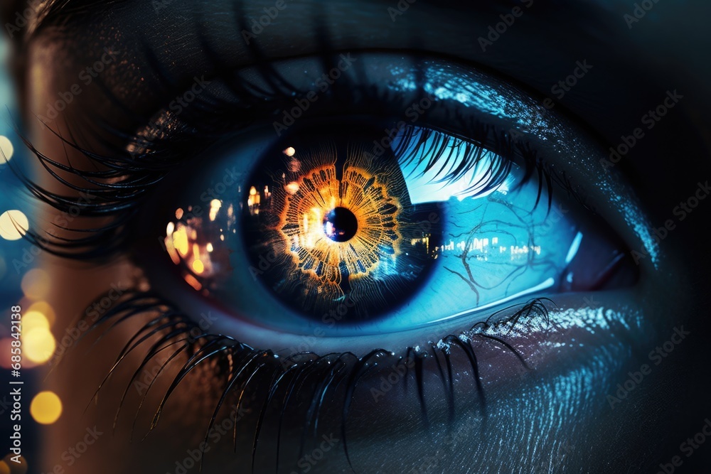 Naklejka premium A close-up view of a person's eye with vibrant and dazzling lights in the background.