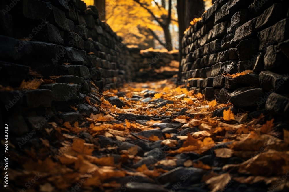 A picture of a stone wall with fallen yellow leaves on the ground. This image can be used to represent autumn, nature, or outdoor settings. A picture of a stone wall with fallen yellow leaves on the ground. This image can be used to represent autumn, nature, or outdoor settings.