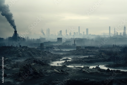A cityscape with billowing smoke, creating a dramatic and atmospheric scene. Perfect for illustrating pollution, industrialization, or the effects of a disaster.
