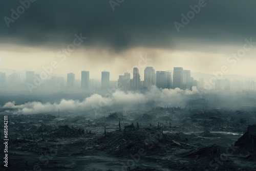 A captivating view of a city engulfed in thick smoke. This image can be used to depict pollution  environmental issues  urban landscape  or the effects of industrialization.