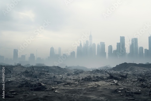 A view of a city in the distance from a pile of rubble. This image can be used to depict urban destruction or post-apocalyptic scenarios. photo