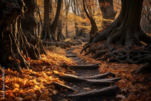 A picturesque path in the woods covered with fallen leaves. Perfect for nature-themed designs and autumn-related projects.
