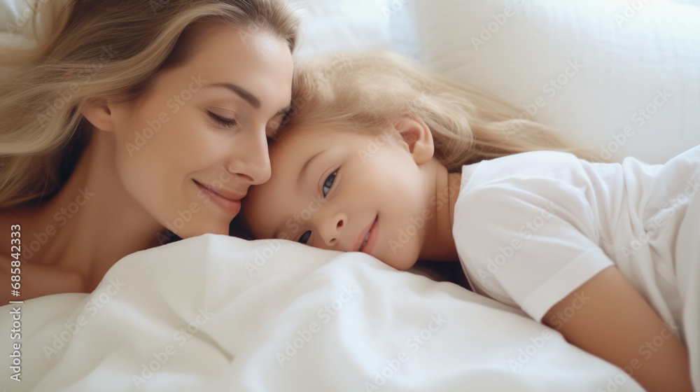 Cute little blond girl sleeping with mother on bed, white bedsheets and cozy room, closeup portrait Cute little blond girl sleeping with mother on bed, white bedsheets and cozy room, closeup portrait