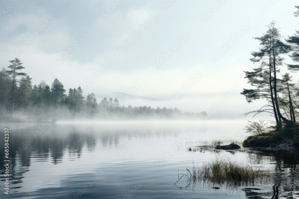 A serene and peaceful scene of a body of water surrounded by trees on a foggy day. 
