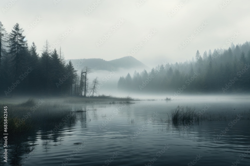 A serene and misty day by the water, with trees surrounding the tranquil scene. 