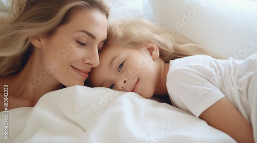 Cute little blond girl sleeping with mother on bed, white bedsheets and cozy room, closeup portrait