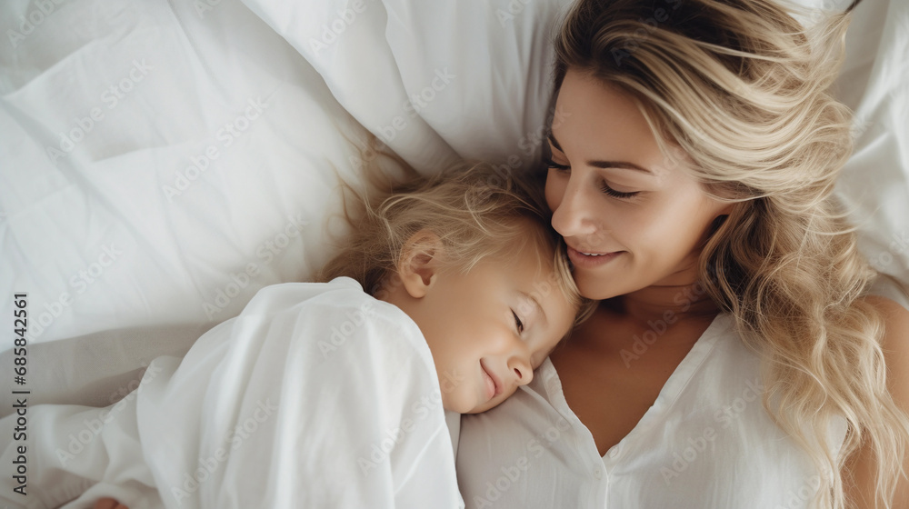 Cute little blond girl sleeping with mother on bed, white bedsheets and cozy room, closeup portrait Cute little blond girl sleeping with mother on bed, white bedsheets and cozy room, closeup portrait