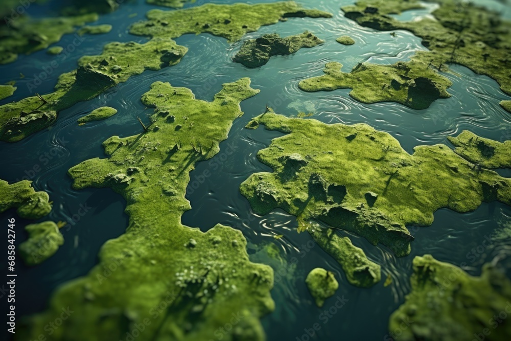 A detailed view of algae covering the surface of a body of water. This image can be used to illustrate the presence of algae in aquatic environments.