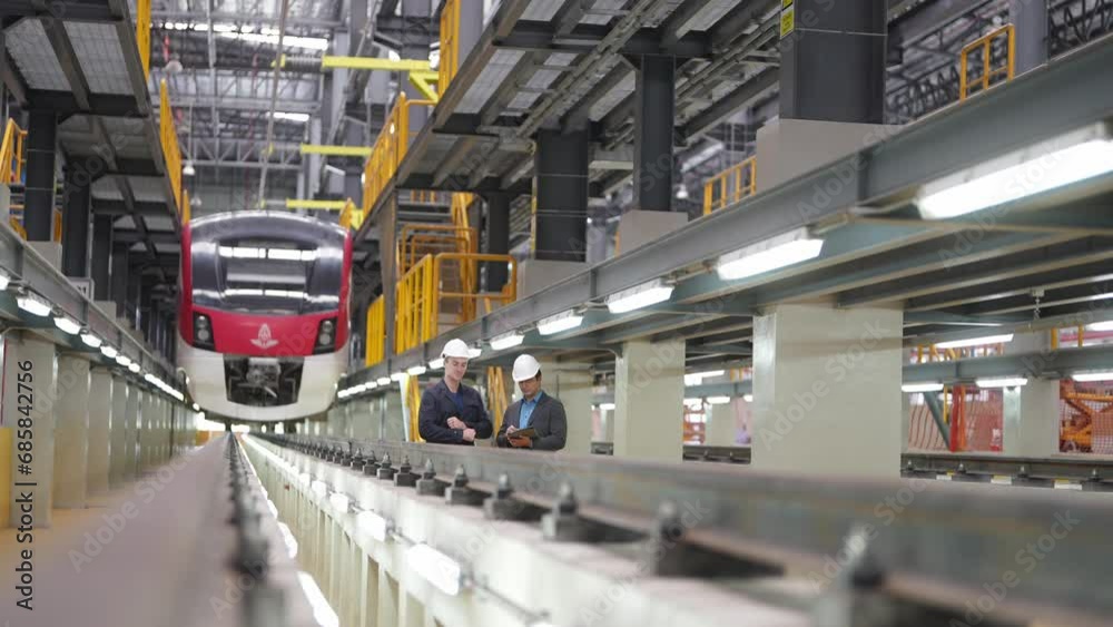 Vidéo Stock Engineer with blueprints prepare to inspect electric train ...