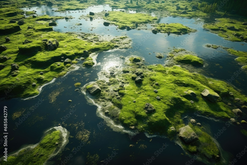 A captivating aerial view of a river with lush green moss growing on its surface. 
