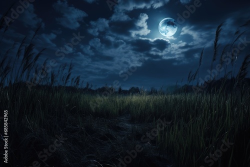 A serene image of a grassy field under the light of a full moon. Perfect for nature enthusiasts or those seeking a peaceful atmosphere.