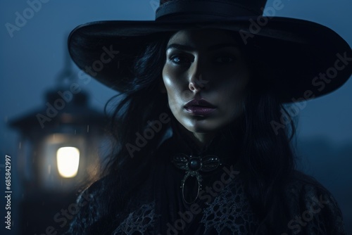 A woman wearing a black hat holds a lantern in her hand. This image can be used to depict mystery, darkness, or exploration.