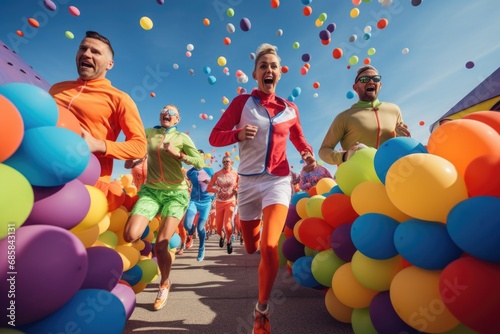 A group of people running down a street with colorful balloons in the air. 