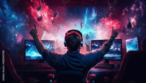  Professional E-Sports gamer rejoices in the victory in blue light game room background, Portrait of a young man in headphones playing video games on the console photo