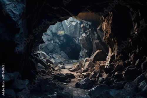 A picture of a dark cave with a faint light shining at the end. This image can be used to represent hope, finding a way out, or overcoming obstacles
