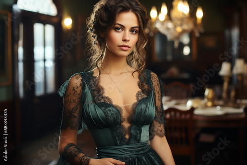 Portrait of young stylish and luxury woman in 1800s clothes style photo