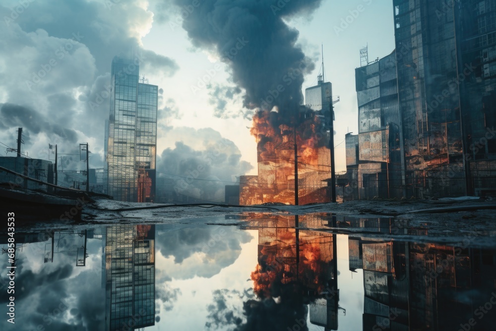A cityscape with thick billows of smoke rising from various buildings. A cityscape with thick billows of smoke rising from various buildings.