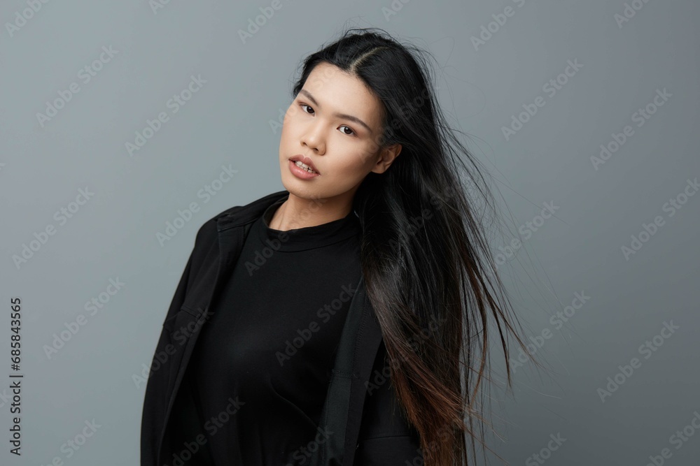 Woman girl face grey pretty smile portrait healthy beauty fashion background asian skin Woman girl face grey pretty smile portrait healthy beauty fashion background asian skin
