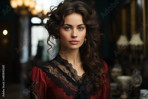 Portrait of young stylish and luxury woman in 1800s clothes style