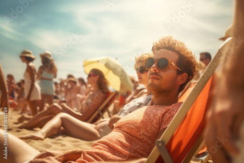 A group of people sitting on top of a sandy beach. This image can be used to depict a relaxing day at the beach or a gathering of friends enjoying the sun and sand © Ева Поликарпова