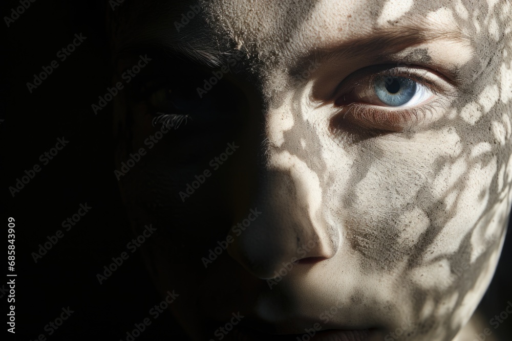 A close-up view of a person's face with a shadow cast over it. This image can be used to represent mystery, secrecy, or hidden emotions. It is suitable for various projects and designs