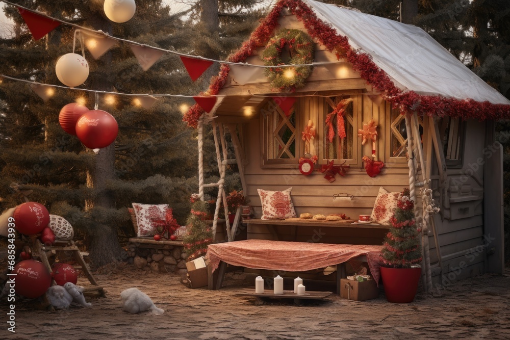 A small wooden house adorned with festive Christmas decorations. Perfect for holiday-themed designs and winter landscapes