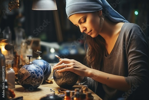 A woman wearing a turban is seen carefully working on a vase. This image can be used to represent creativity, craftsmanship, and artistic pursuits