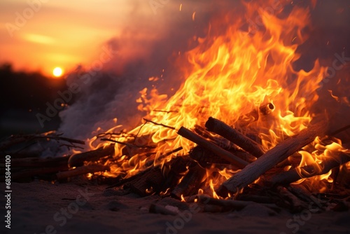 A mesmerizing image of a fire burning in the sand at sunset. Perfect for capturing the beauty and warmth of a beach bonfire.