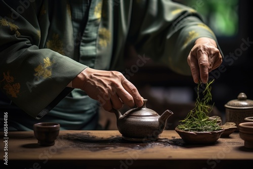 A person carefully places a plant into a teapot. This image can be used to depict gardening, indoor plants, or creative plant arrangements