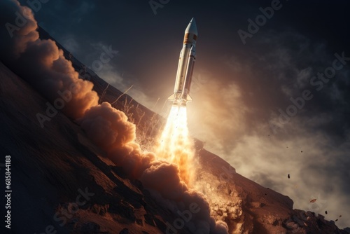 A powerful rocket taking off into the sky, leaving behind a trail of smoke. Perfect for illustrating space exploration, technological advancements, or the concept of reaching for the stars