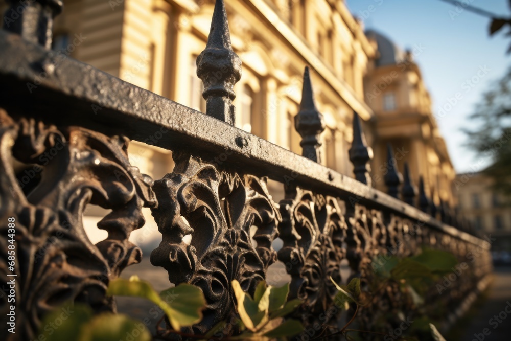 Obraz premium A detailed view of a fence with a building in the background. This image can be used to depict urban or rural settings, construction projects, or architectural designs