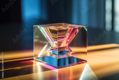 A clear glass object is placed on a table, creating a simple yet elegant composition.  photo