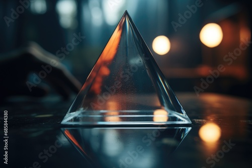 A glass pyramid is placed on a table with a blurry background. This image can be used to represent concepts such as mystery, elegance, and modernity in various design projects photo
