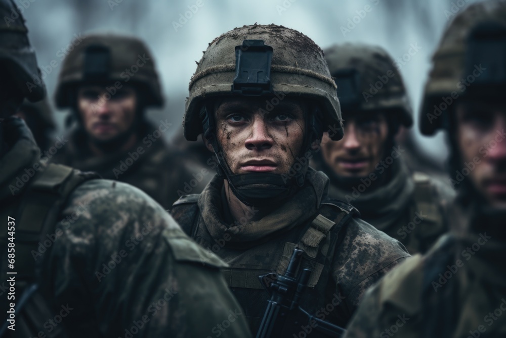 A picture of a group of soldiers standing in a line. This image can be used to depict military training, unity, discipline, or teamwork