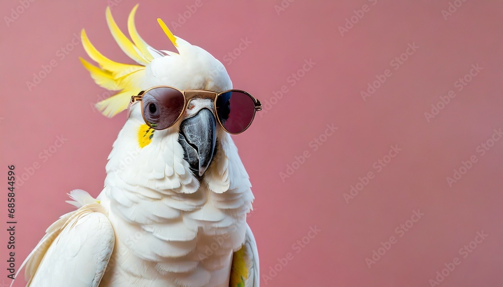 closeup of white cockatoo parrot wearing sunglasses domestic pet bird animal solid pink pastel background tropical summer vacation concept web banner funny birthday party card invitation - obrazy, fototapety, plakaty 