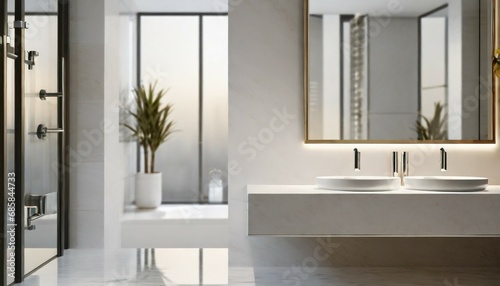 empty space on a luxury white tabletop in a luxury white bathroom with double sink