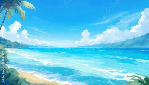summer blue ocean with clear blue sky illustration in anime background style digital art painting style