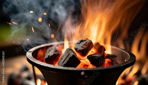 barbecue grill pit with glowing and flaming hot charcoal briquettes close up photo