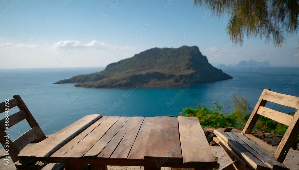 wooden table on the background of the sea island and the blue sky high quality photo