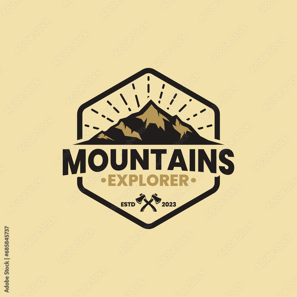 vintage retro classic rustic hipster of sun sunrise sunset island mountain hill peak rocky ice top mount landscape nature view silhouette with hexagon hexagonal shield protect protection logo design