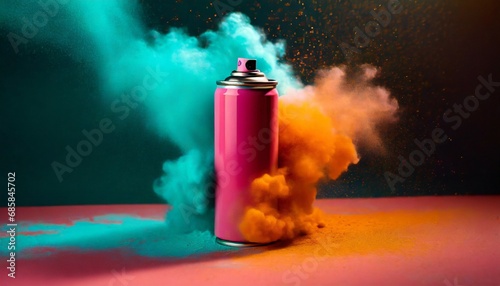 pink aerosol can with cloud of colored powders stock photo in the style of light orange and teal video glitches high quality photo colorful explosions striking composition psychedelic surrealism