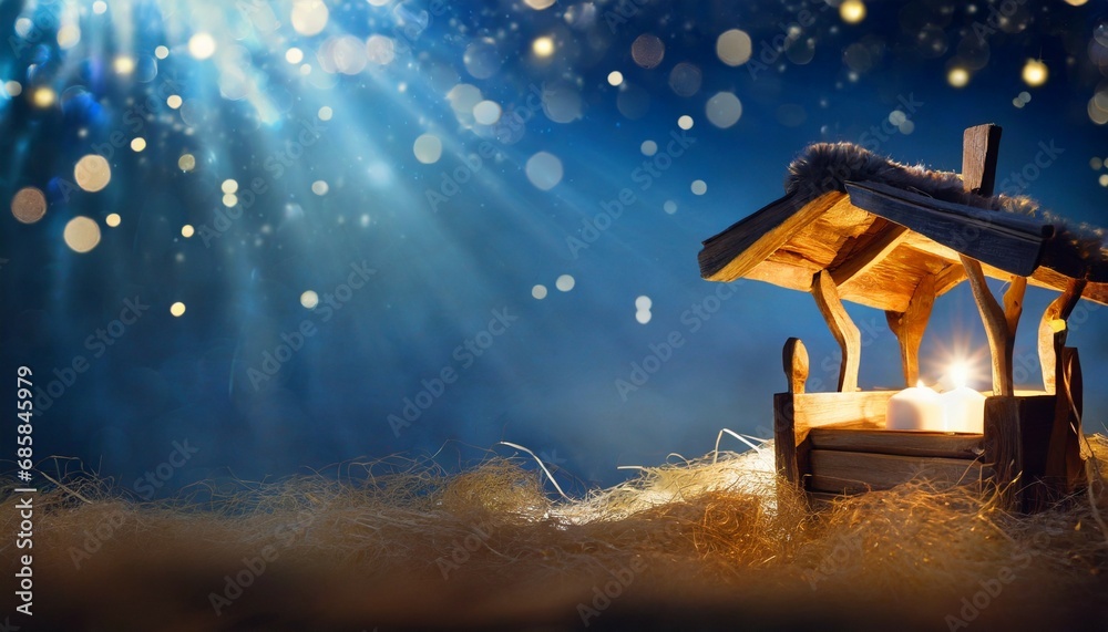 nativity scene christian christmas concept birth of jesus christ wooden manger in dark blue night banner copy space jesus is reason for season salvation messiah emmanuel god with us hope - obrazy, fototapety, plakaty 