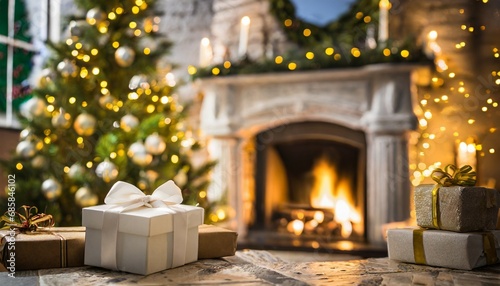 christmas tree and holidays present on fireplace background