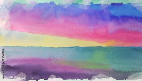 colorful watercolor background with painted sunset sky colors of pink blue purple green and yellow abstract beautiful painting on border with no people for template or website background