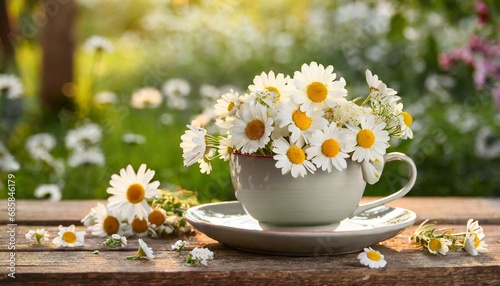 spring chamomile flowers in teacup on wooden table in garden