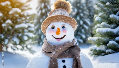 winter holiday christmas background banner closeup of cute funny laughing snowman with wool hat and scarf on snowy snow snowscape landscape in the forest with fir trees © Florence