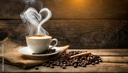 cup of coffee with heart shape smoke and coffee beans on burlap sack on old wooden background