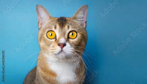 advertising portrait banner asian cat classic color yellow eyes serious straight look on blue background