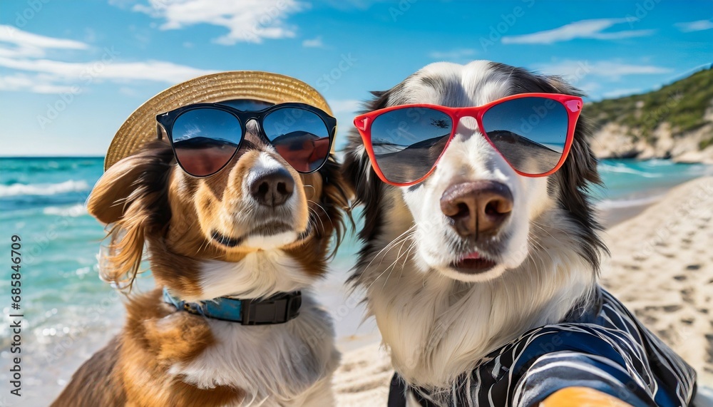 two dogs are taking selfies on a beach wearing sunglasses sunny day with blue water
