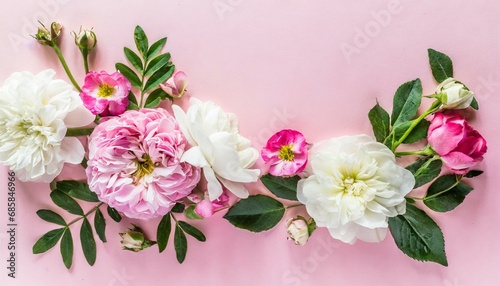 flowers composition pink and white flowers on pastel pink background flat lay top view copy space